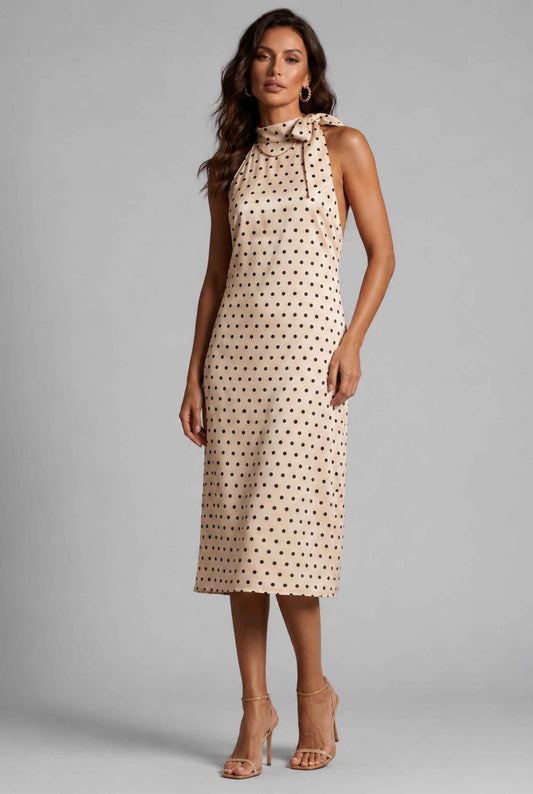 Virtual Model wearing The Harlow Satin Dress Polka-Dot Halter Cream Bow Tied Dress