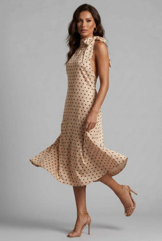 Virtual Model wearing The Harlow Satin Dress Polka-Dot Halter Cream Bow Tied Dress