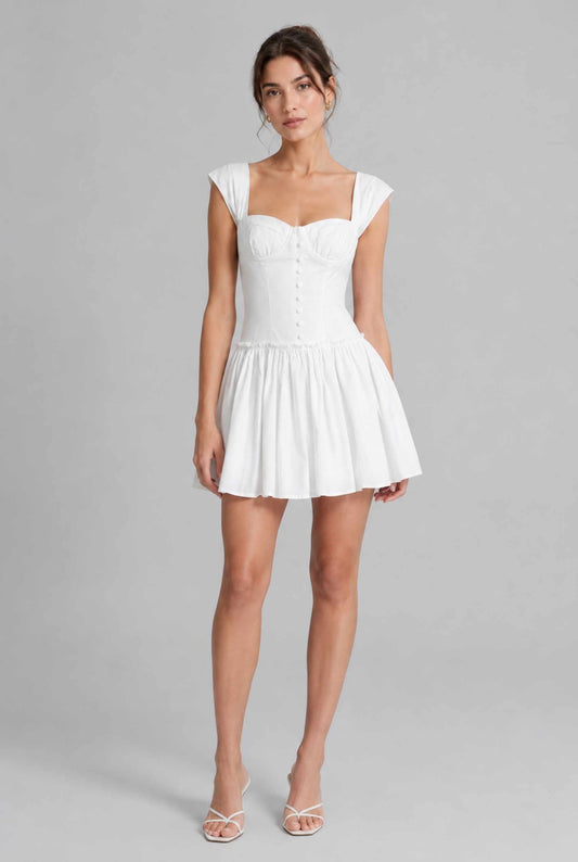 Virtual model wearing The Iris Poplin Mini Bustier Top Poplin Dress in White