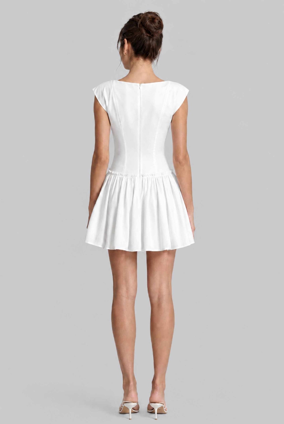 Virtual model wearing The Iris Poplin Mini Bustier Top Poplin Dress in White