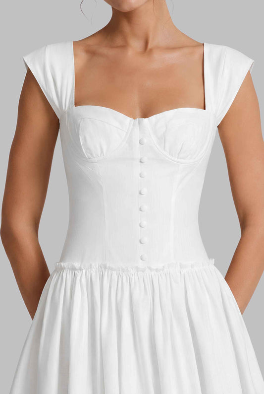 Virtual model wearing The Iris Poplin Mini Bustier Top Poplin Dress in White