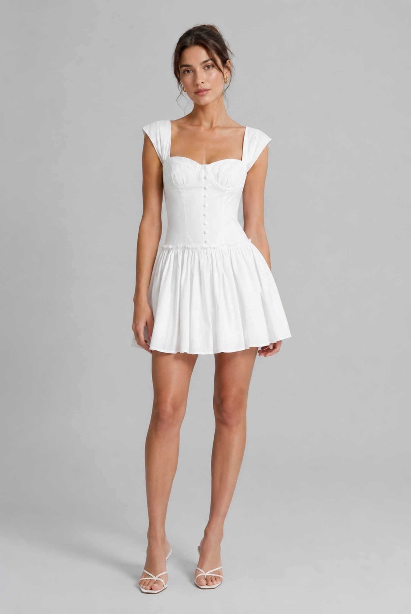 Virtual Model wearing The Iris Poplin Mini Bustier Top White Poplin Dress