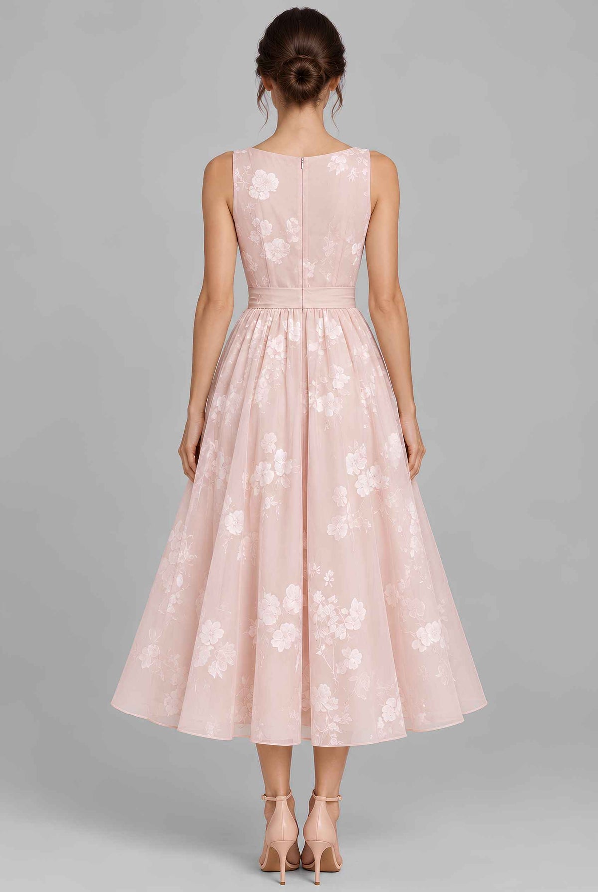 Virtual model wearing The Isabeau Tied Wrap Dress Floral Print Waist-Tied Wrap Midi Dress Light Pink