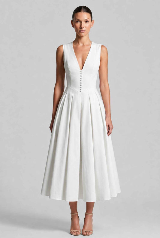 Virtual model wearing The Isabella Pleated Dress White V-Neck Silk Button Gown