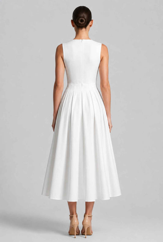 Virtual model wearing The Isabella Pleated Dress White V-Neck Silk Button Gown