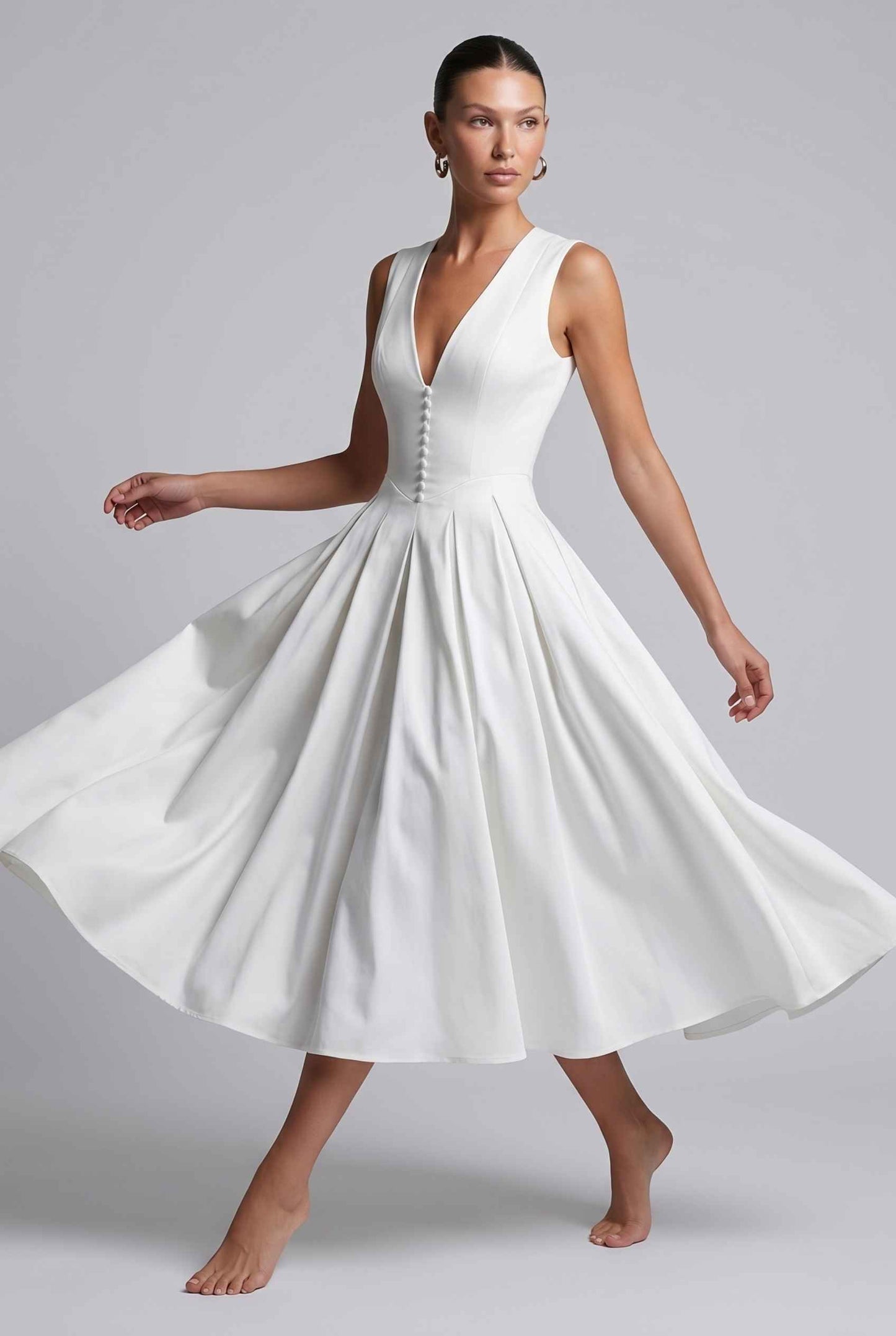 Virtual Model wearing The Isabella Pleated Dress White V-Neck Silk Button Gown