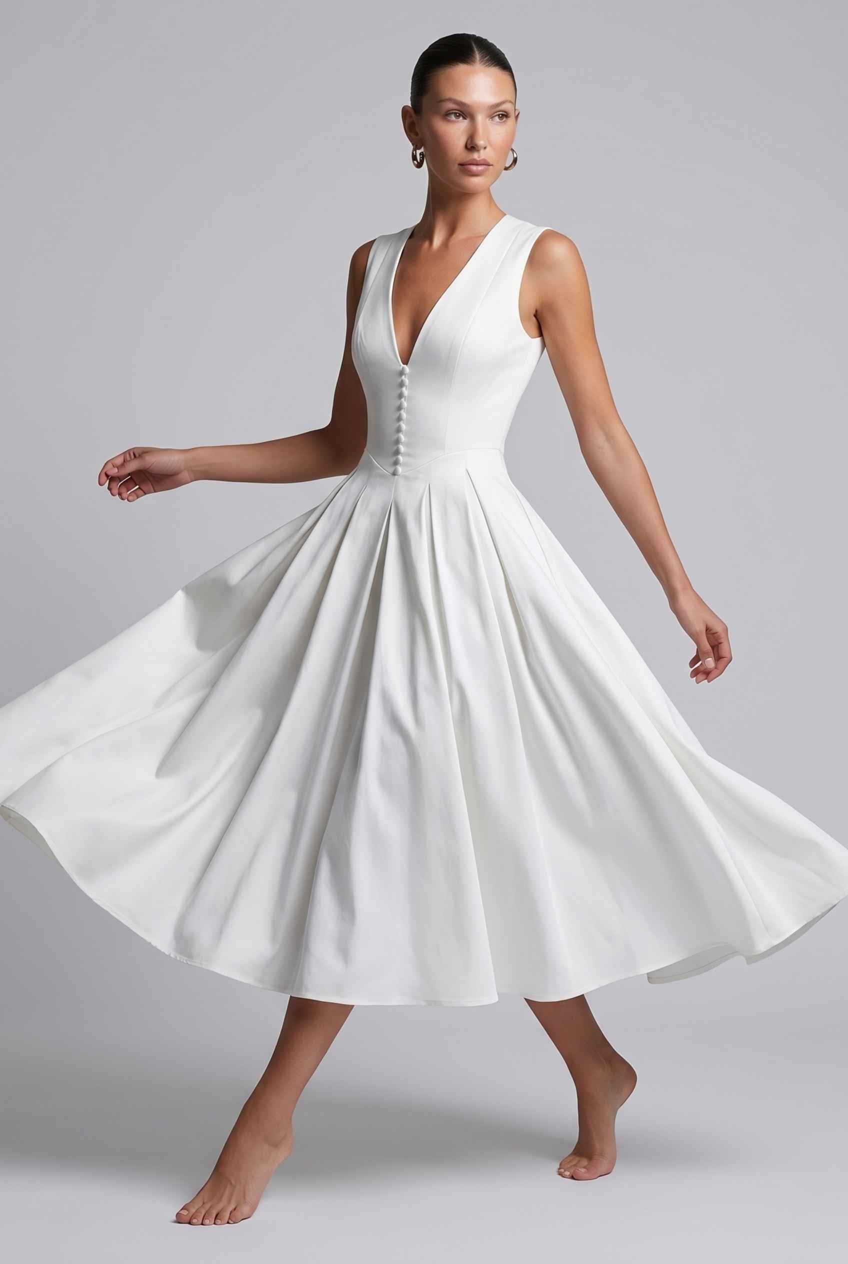 Virtual Model wearing The Isabella Pleated Dress White V-Neck Silk Button Gown