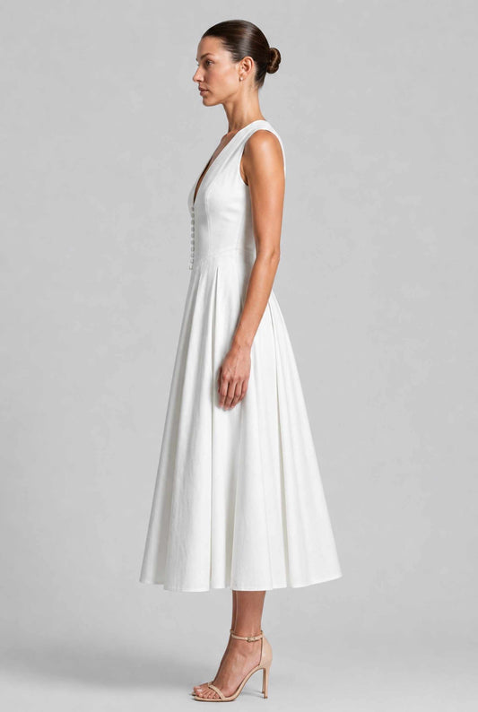 Virtual model wearing The Isabella Pleated Dress White V-Neck Silk Button Gown
