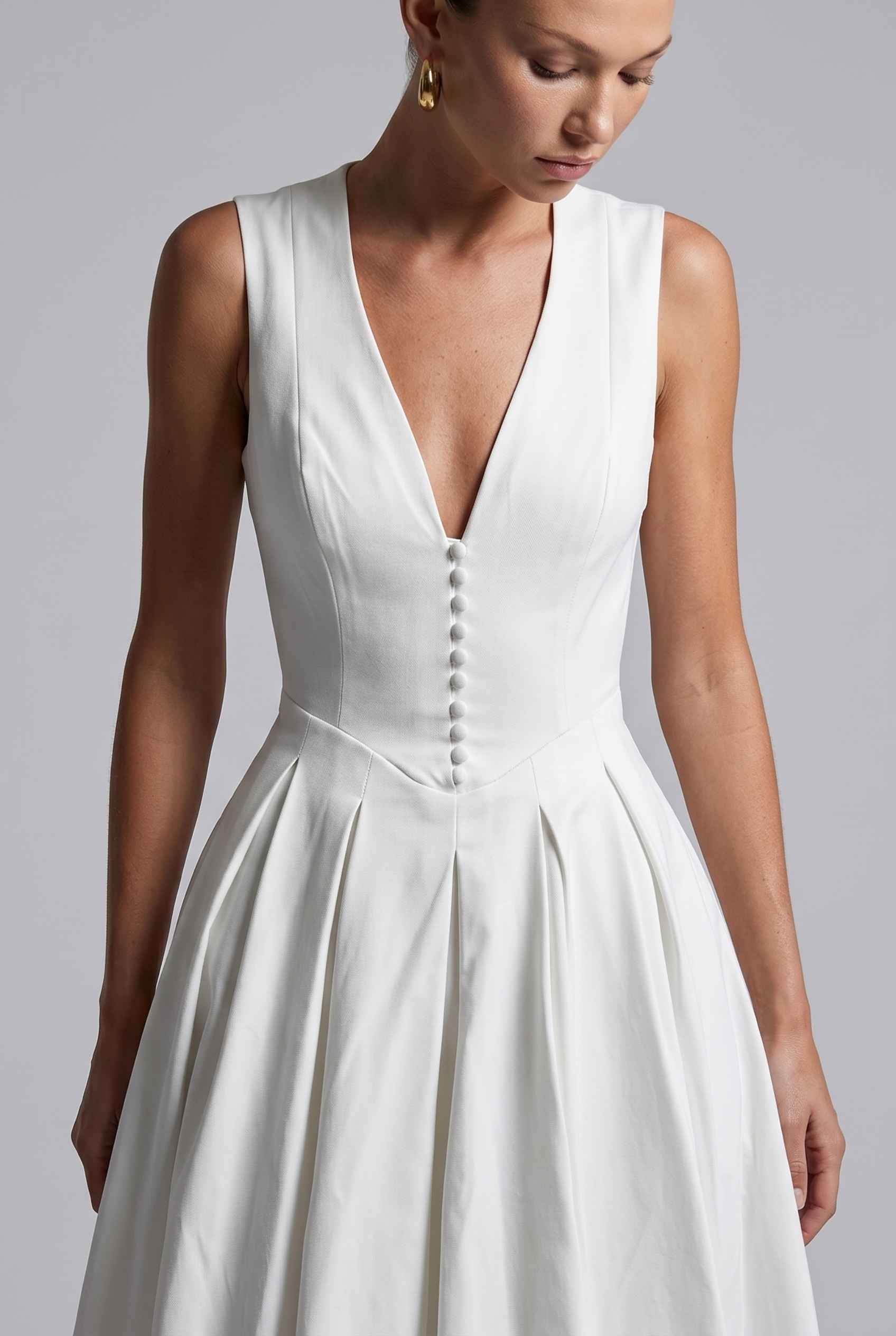 Virtual Model wearing The Isabella Pleated Dress White V-Neck Silk Button Gown