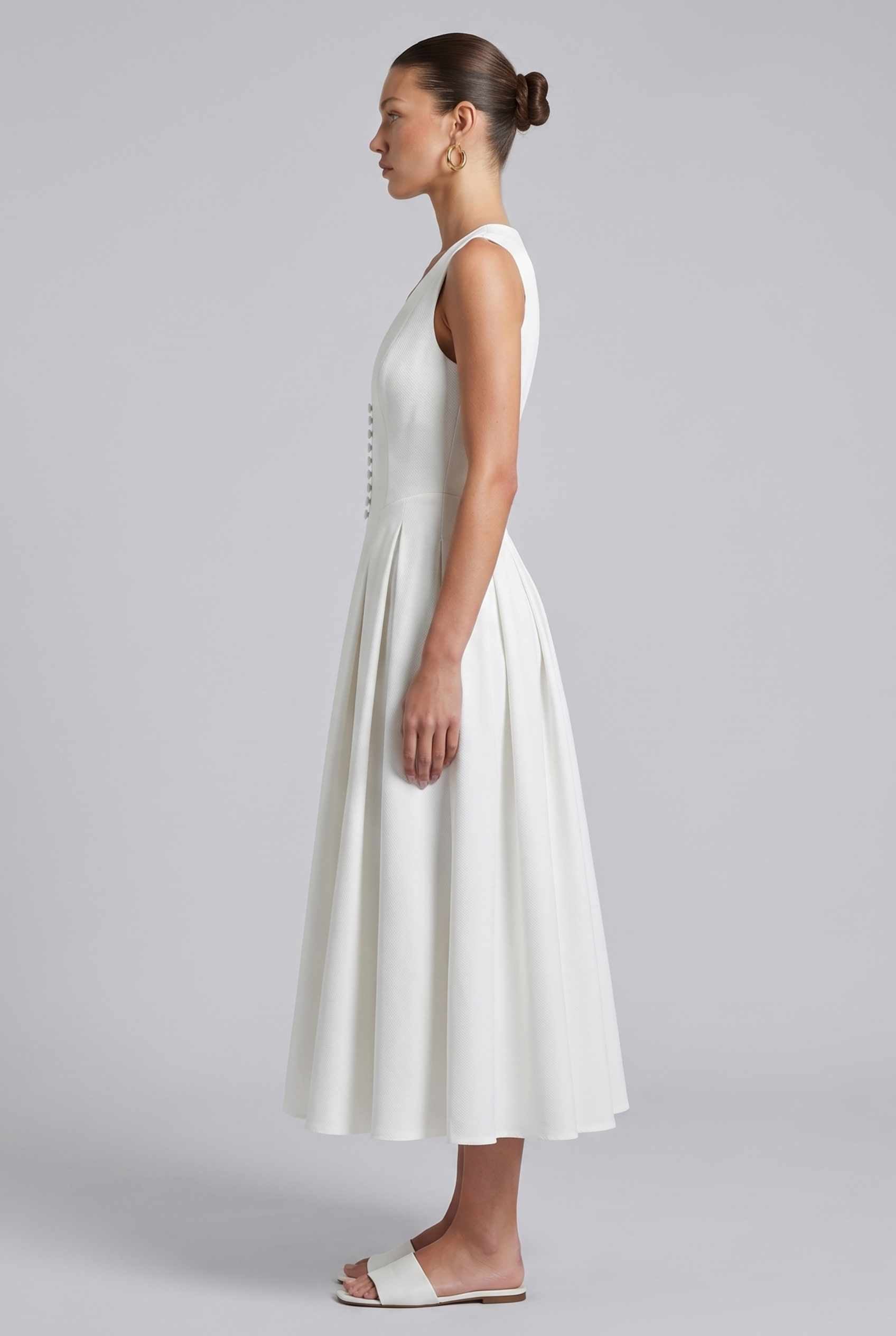Virtual Model wearing The Isabella Pleated Dress White V-Neck Silk Button Gown