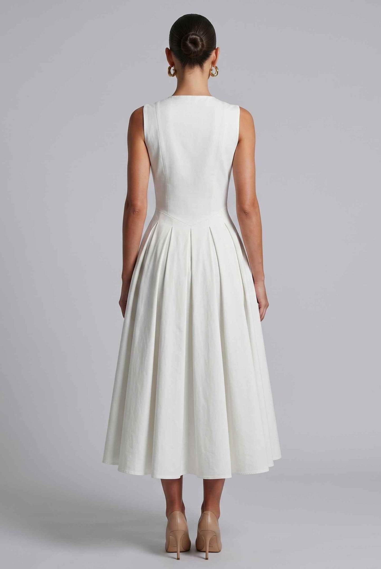 Virtual Model wearing The Isabella Pleated Dress White V-Neck Silk Button Gown