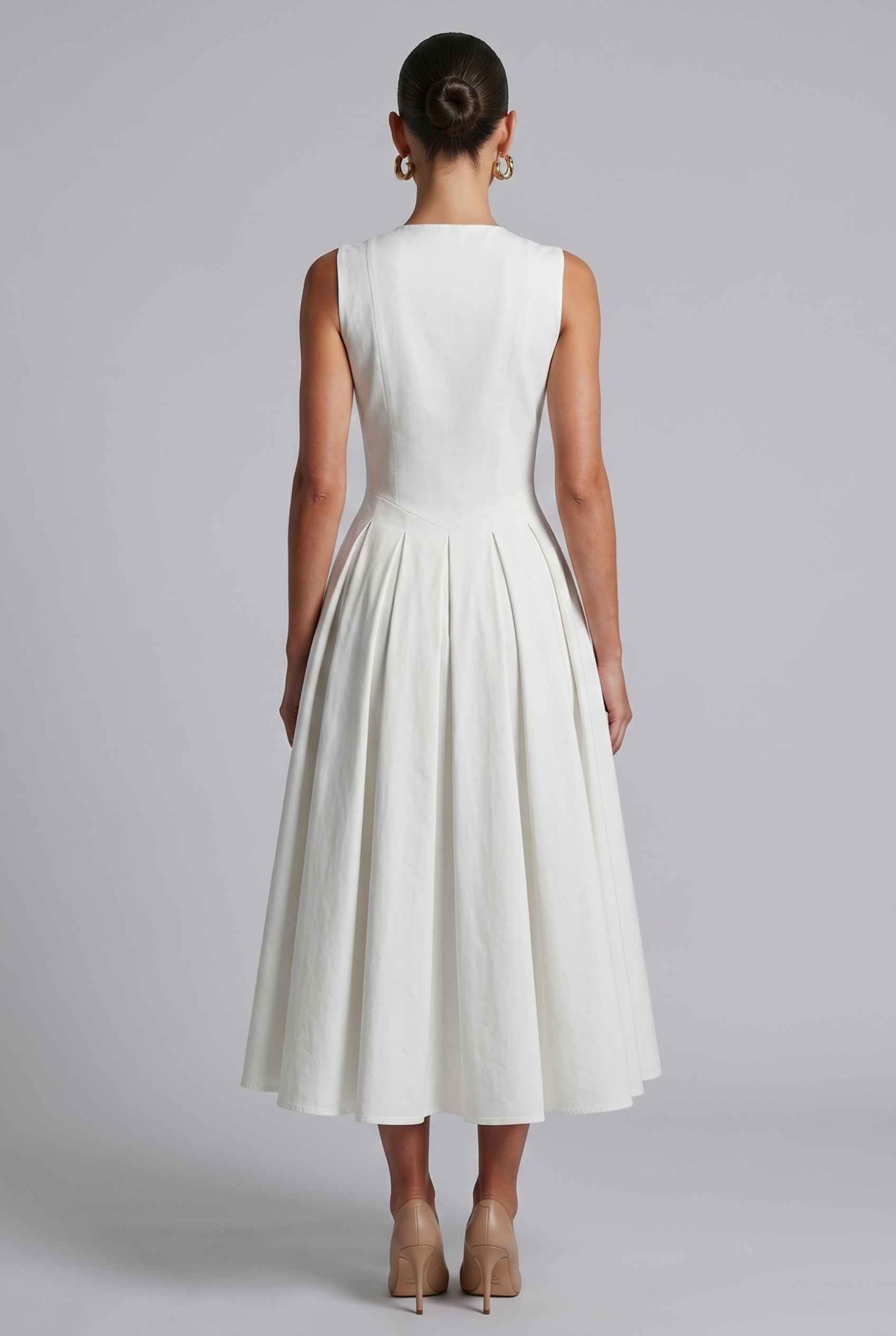 Virtual Model wearing The Isabella Pleated Dress White V-Neck Silk Button Gown
