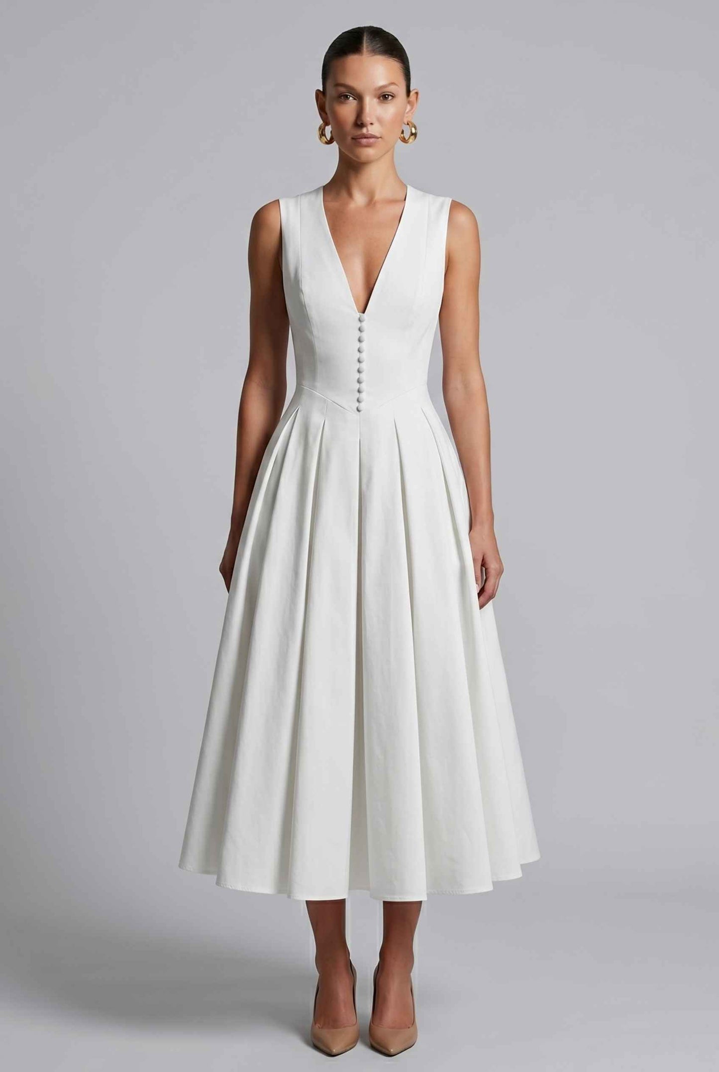 Virtual Model wearing The Isabella Pleated Dress White V-Neck Silk Button Gown