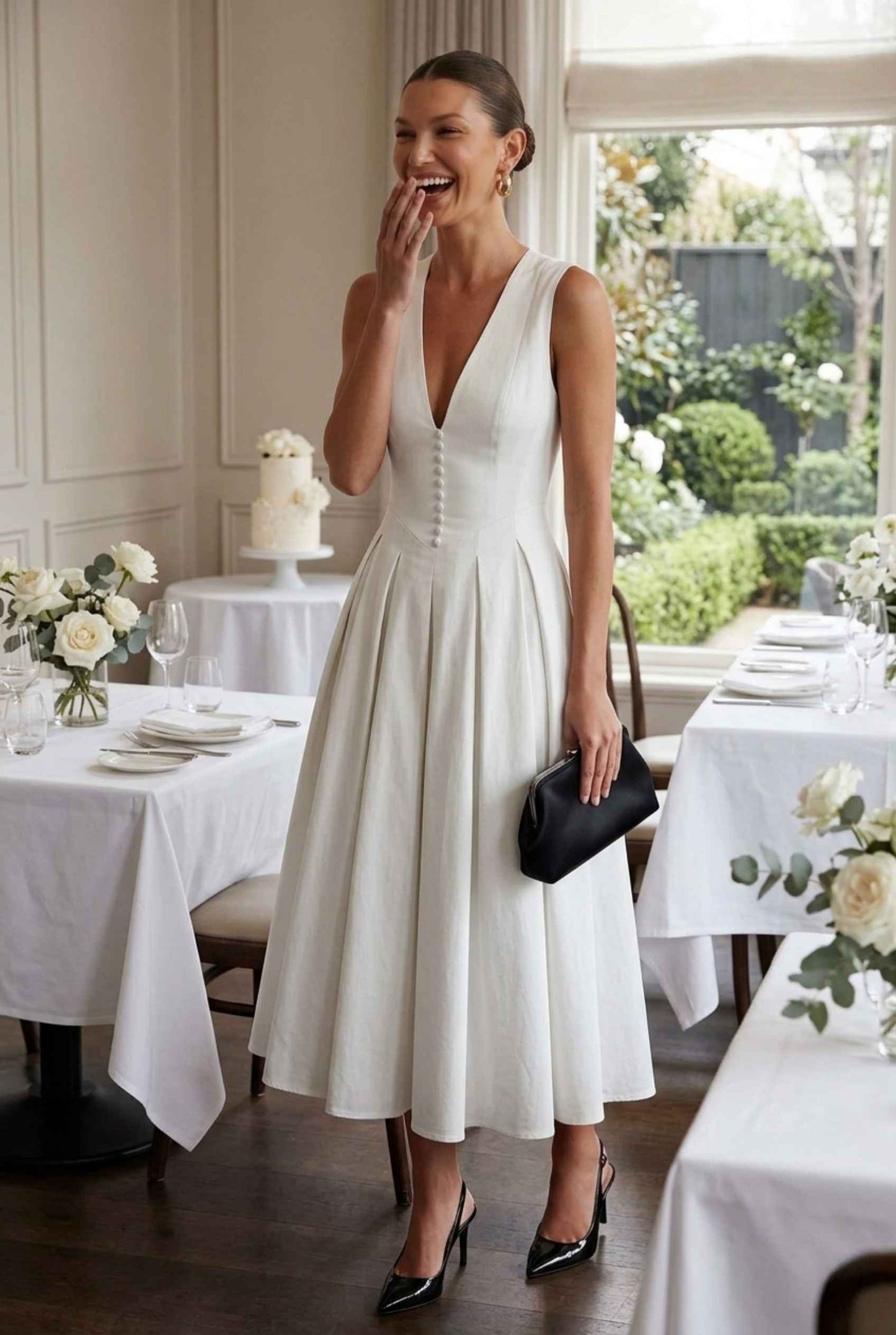 Virtual Model wearing The Isabella Pleated Dress White V-Neck Silk Button Gown