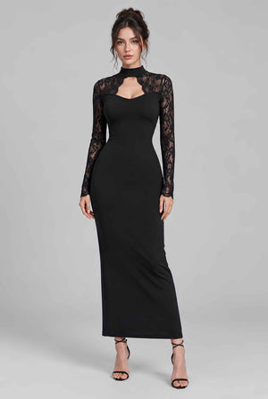 Virtual model wearing The Isadora Lace Tied Dress Long Sleeve Lace Yoke Keyhole Gown in Black