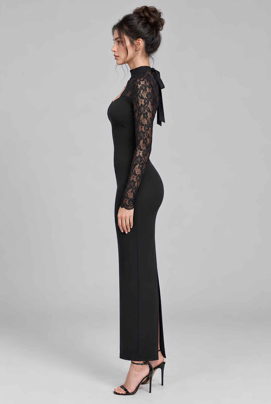 Virtual model wearing The Isadora Lace Tied Dress Long Sleeve Lace Yoke Keyhole Gown in Black