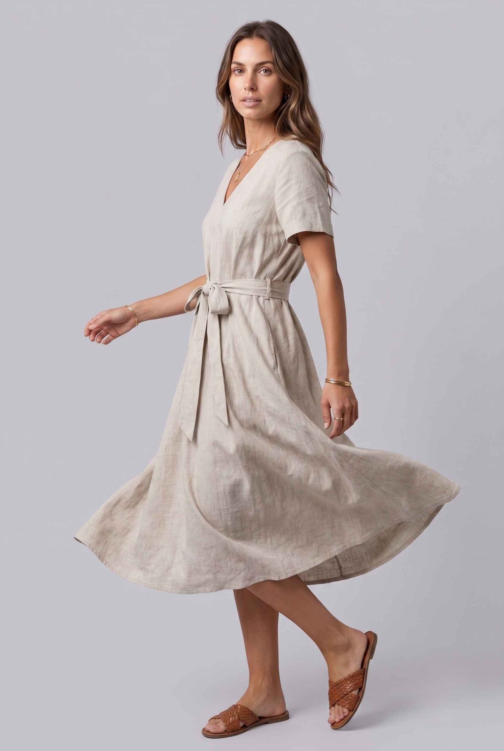 Virtual Model wearing The Ischia Cotton Midi V-Neck Belted Beige Midi Dress