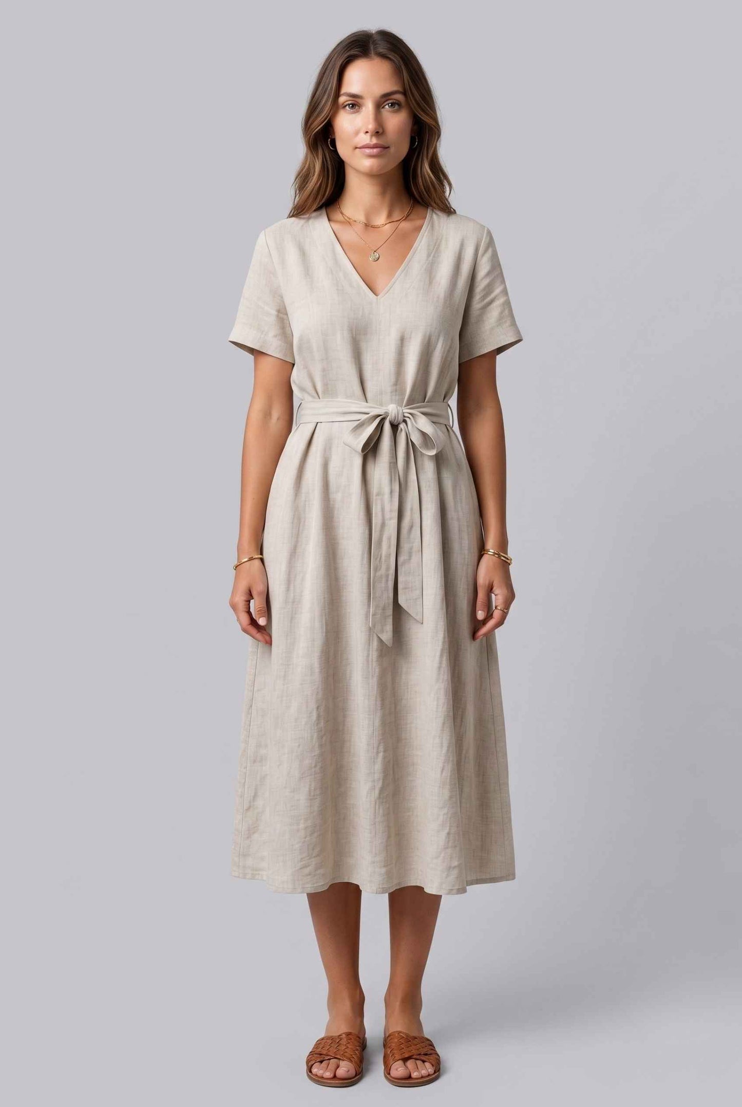 Virtual Model wearing The Ischia Cotton Midi V-Neck Belted Beige Midi Dress
