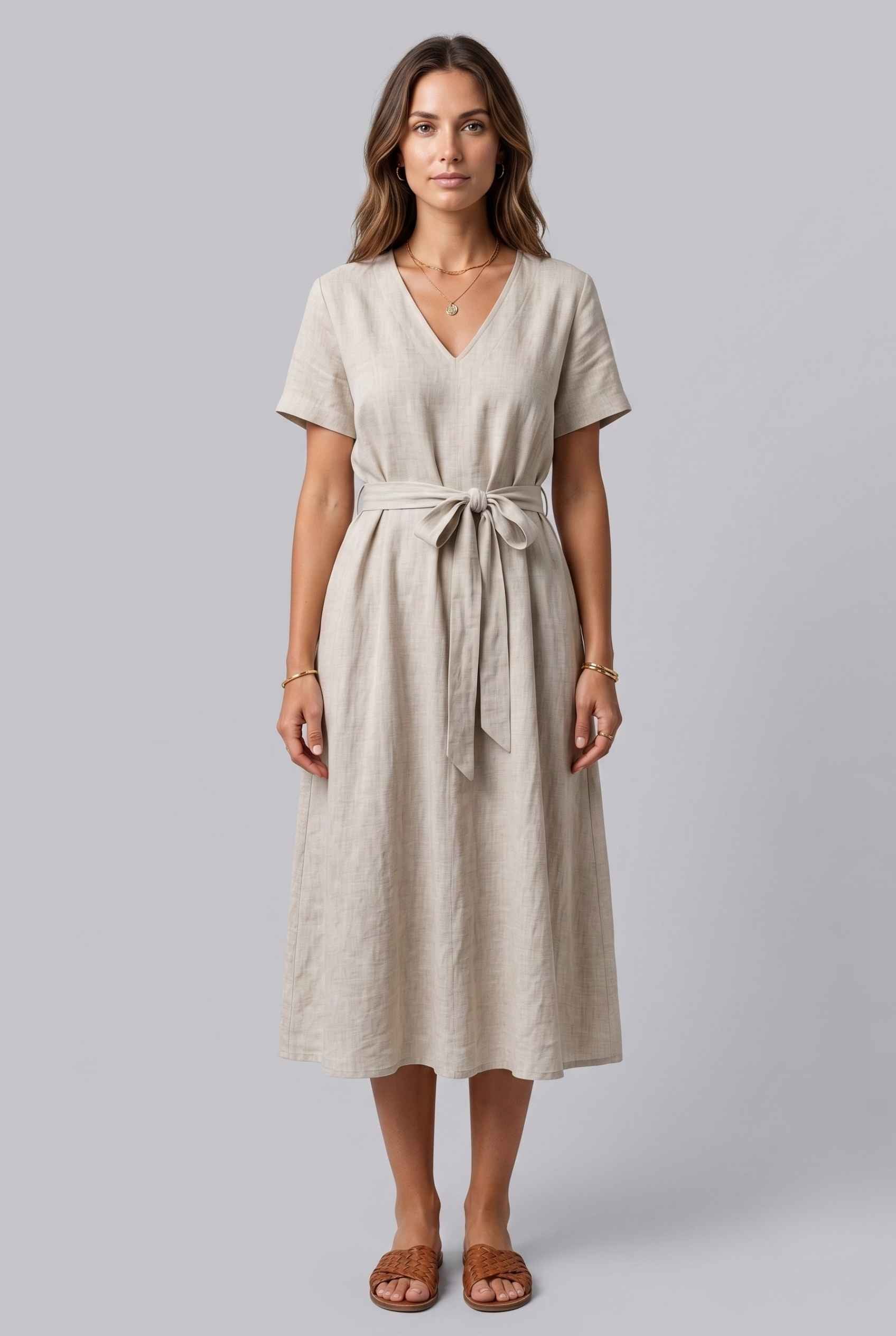 Virtual Model wearing The Ischia Cotton Midi V-Neck Belted Beige Midi Dress