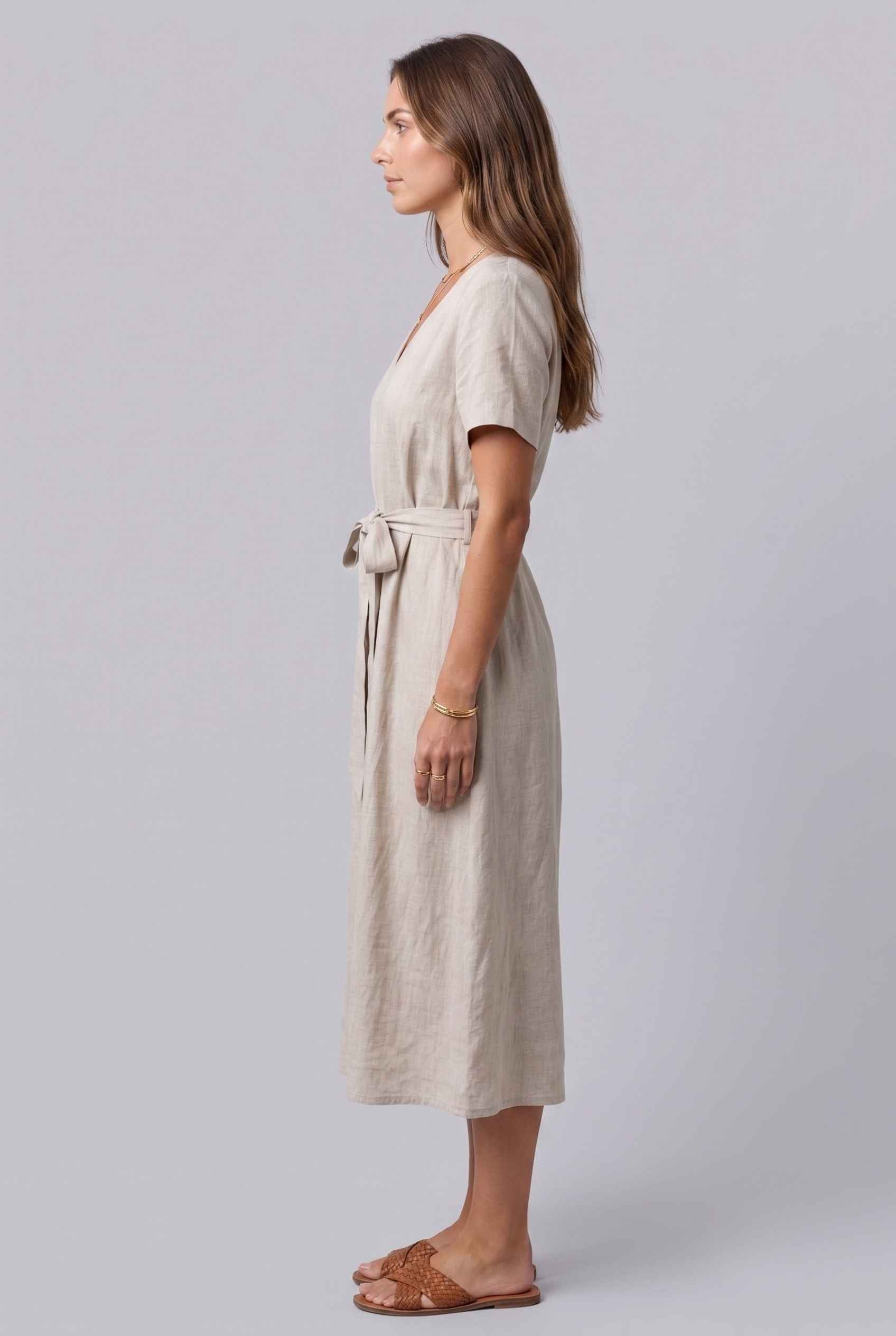 Virtual Model wearing The Ischia Cotton Midi V-Neck Belted Beige Midi Dress