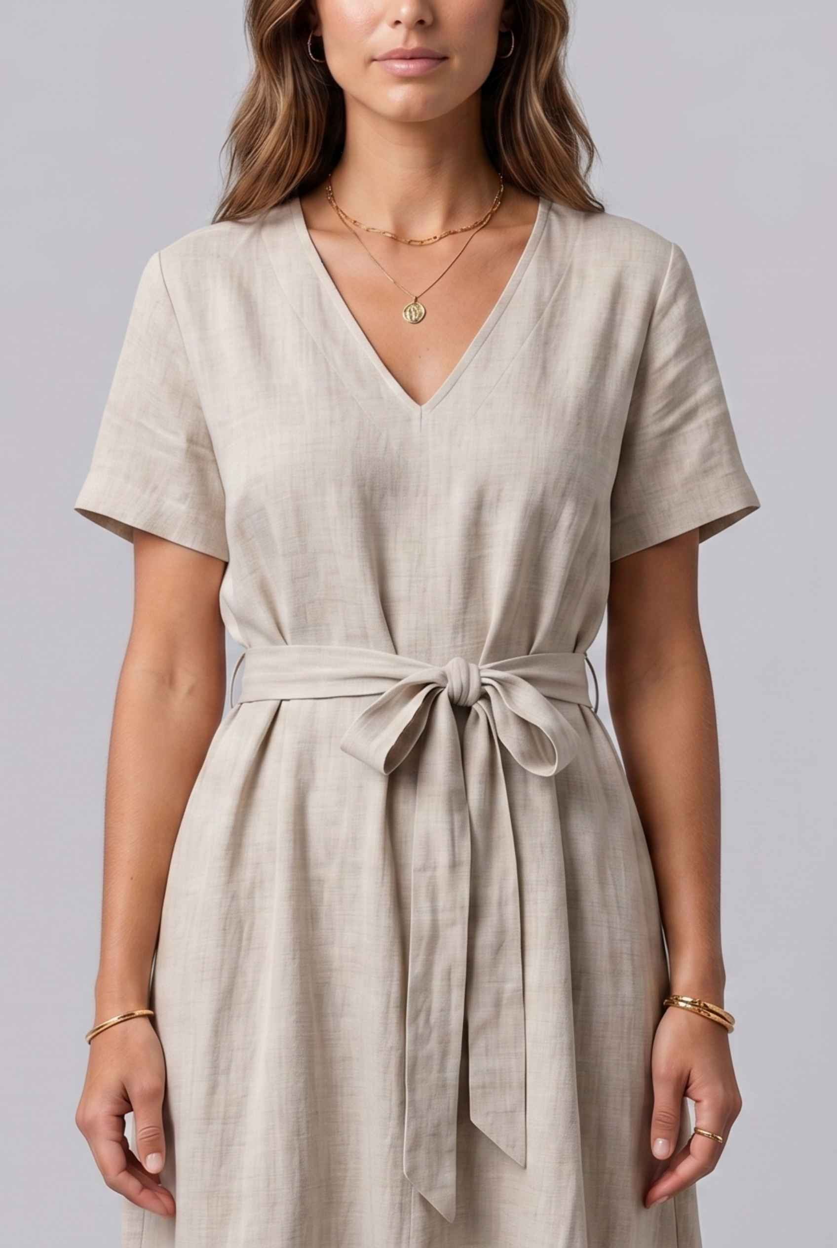 Virtual Model wearing The Ischia Cotton Midi V-Neck Belted Beige Midi Dress