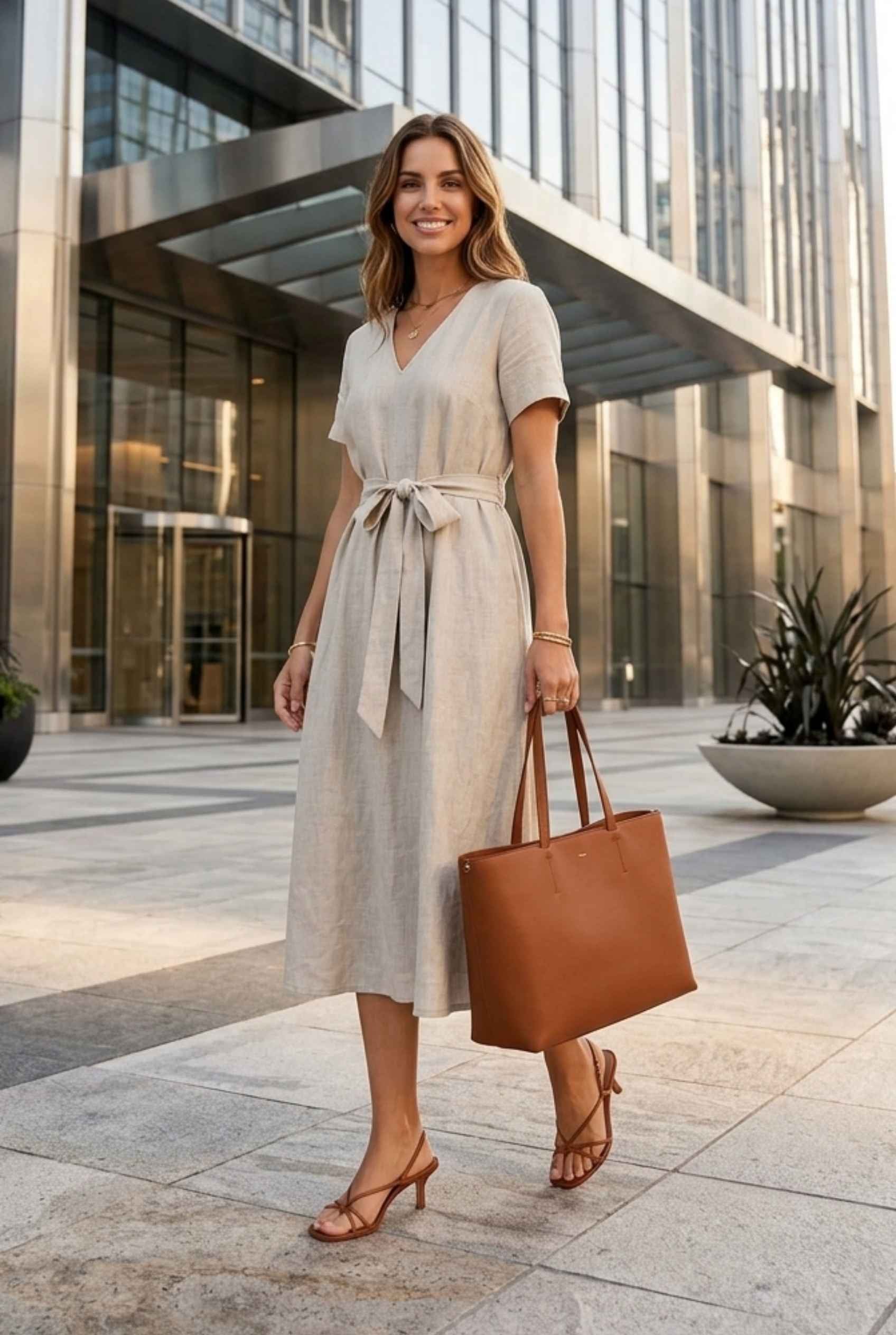 Virtual Model wearing The Ischia Cotton Midi V-Neck Belted Beige Midi Dress