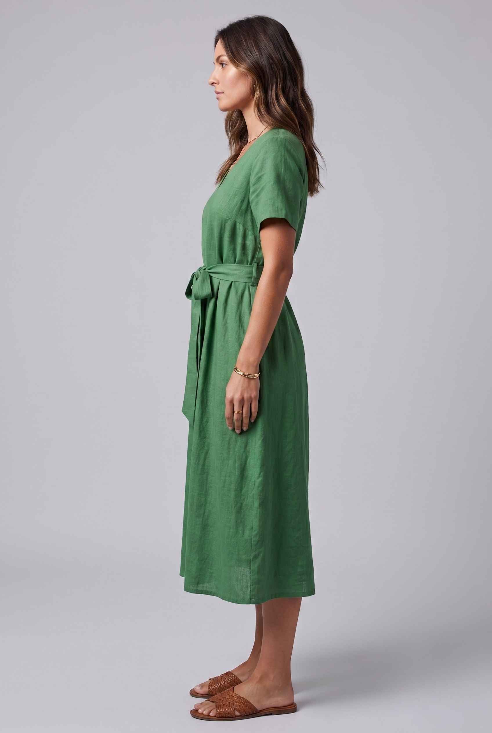 Virtual Model wearing The Ischia Cotton Midi V-Neck Belted Green Midi Dress
