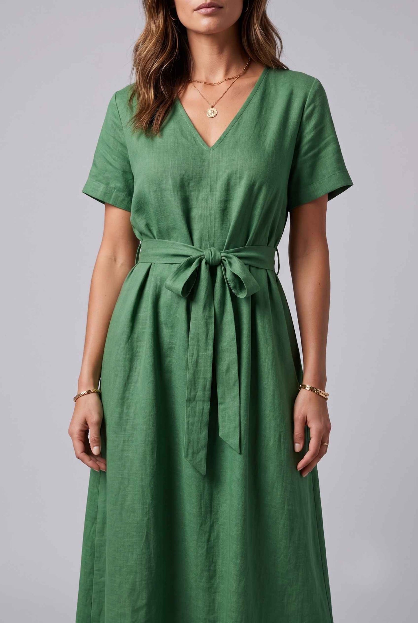 Virtual Model wearing The Ischia Cotton Midi V-Neck Belted Green Midi Dress