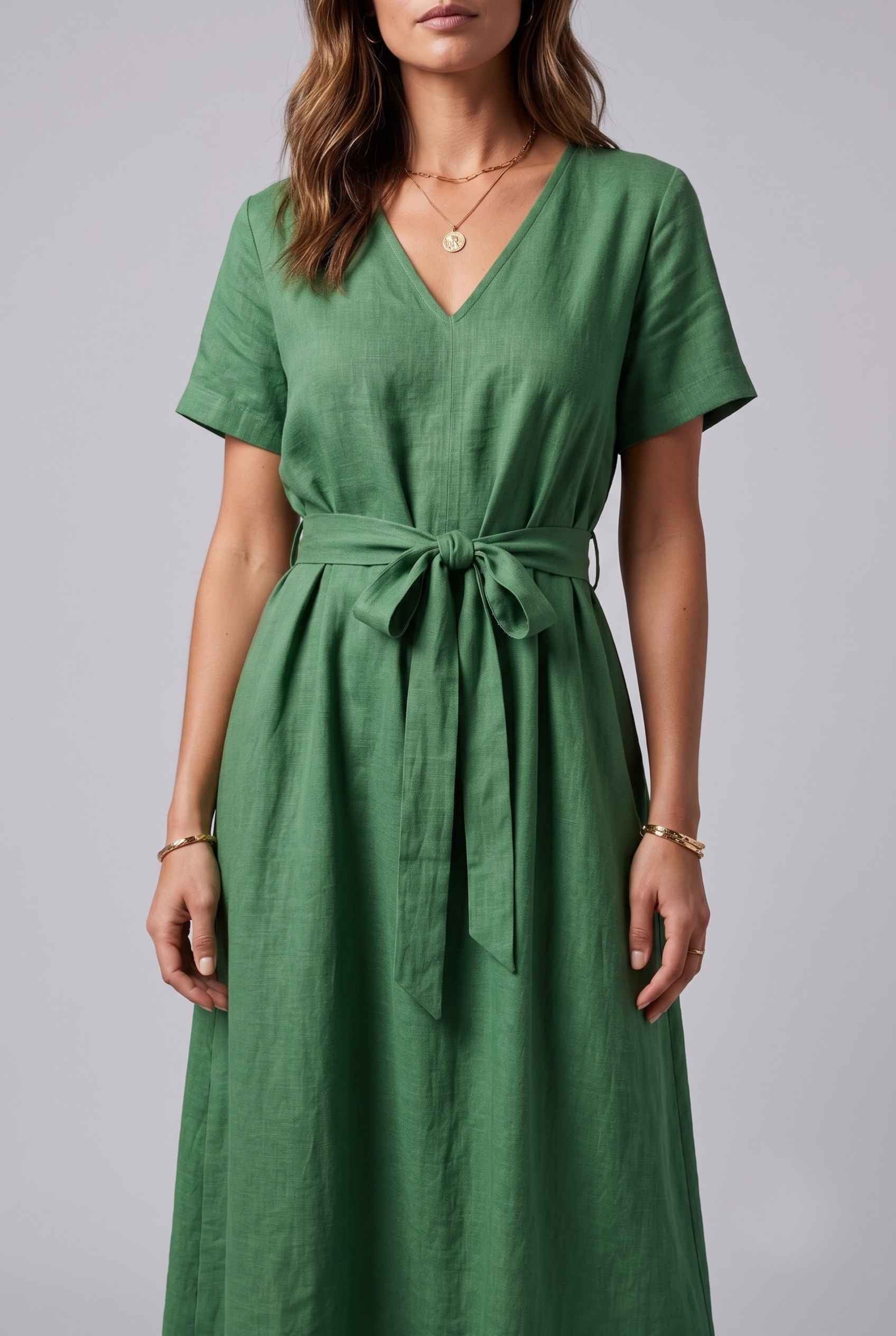 Virtual Model wearing The Ischia Cotton Midi V-Neck Belted Green Midi Dress
