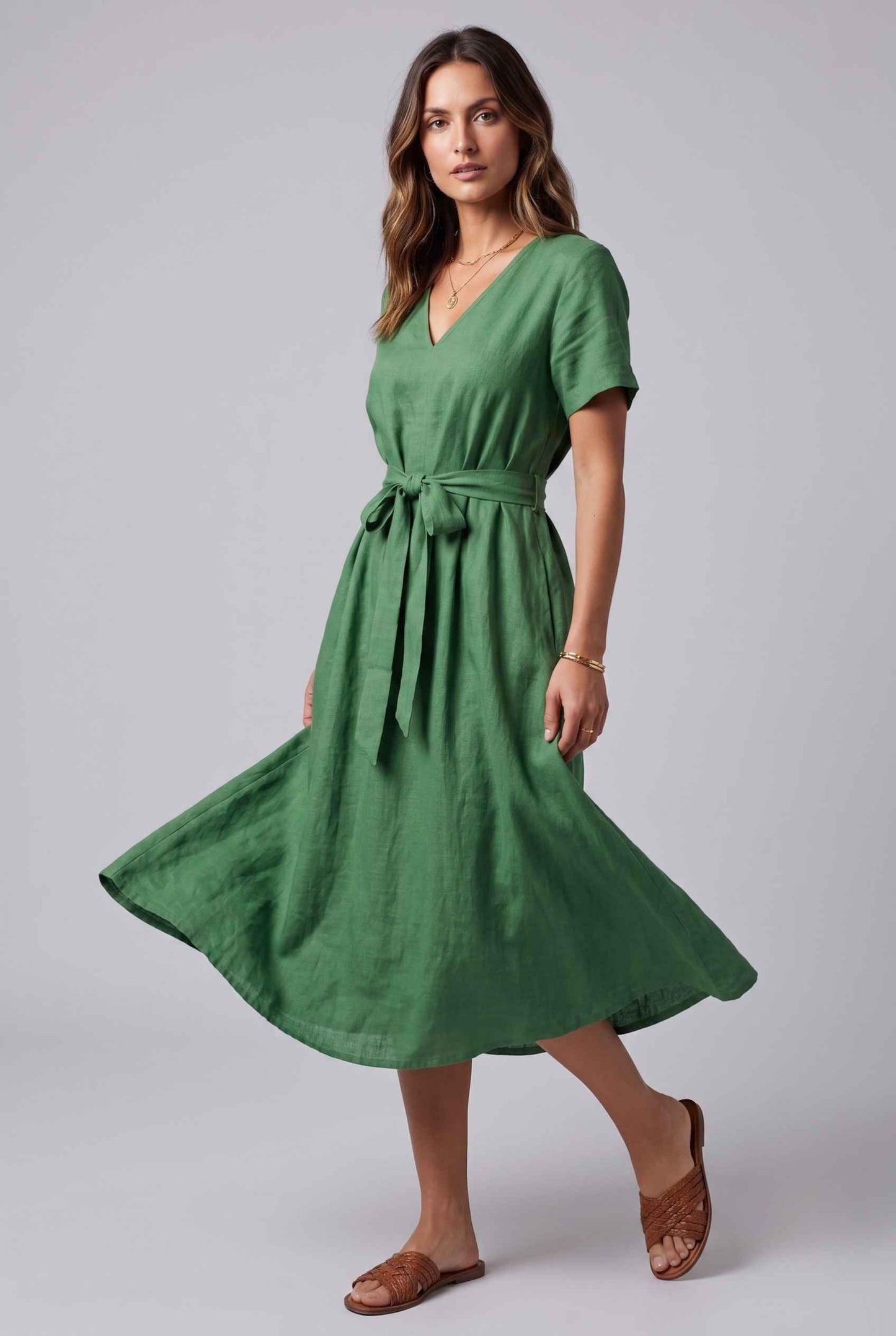 Virtual Model wearing The Ischia Cotton Midi V-Neck Belted Green Midi Dress