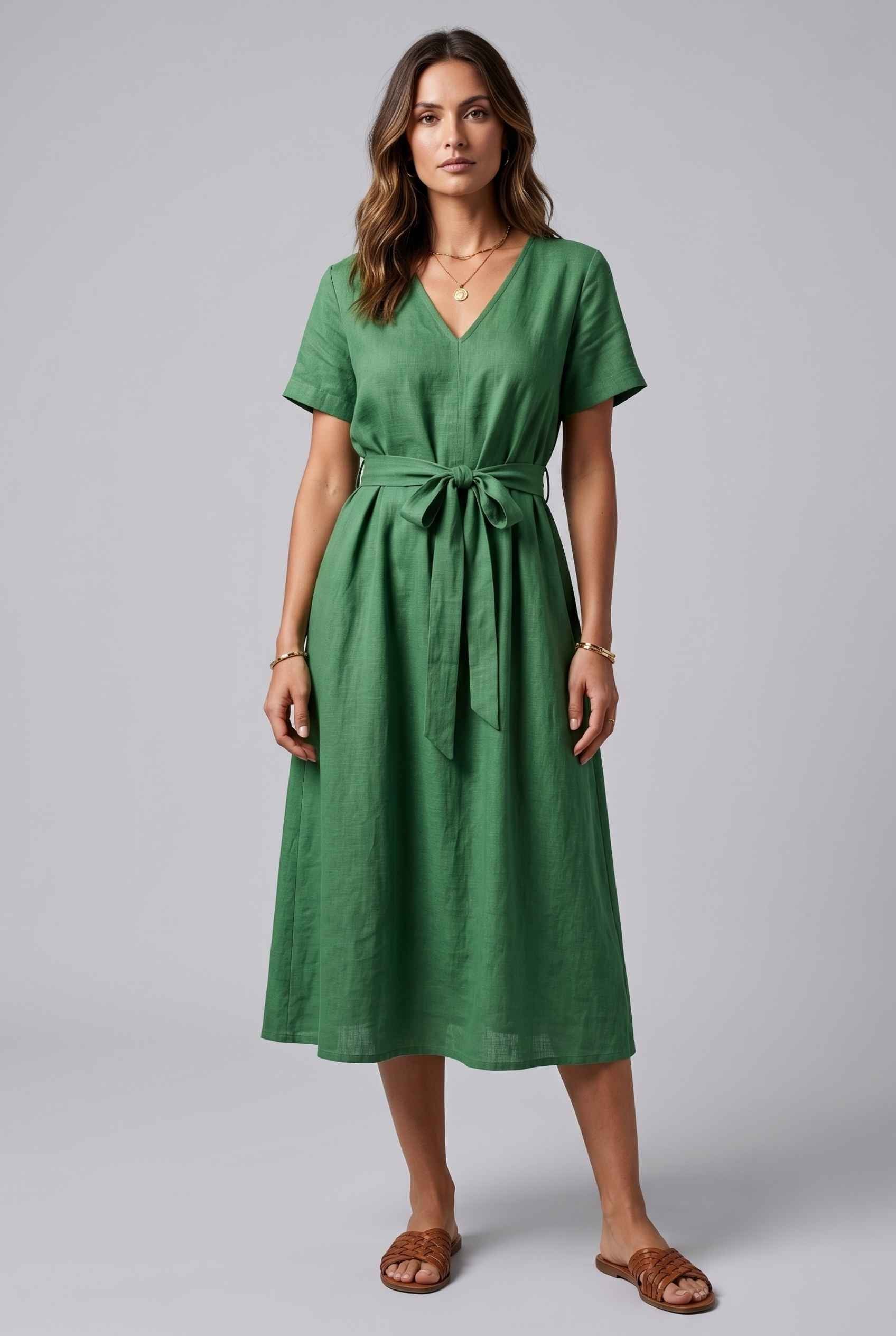 Virtual Model wearing The Ischia Cotton Midi V-Neck Belted Green Midi Dress