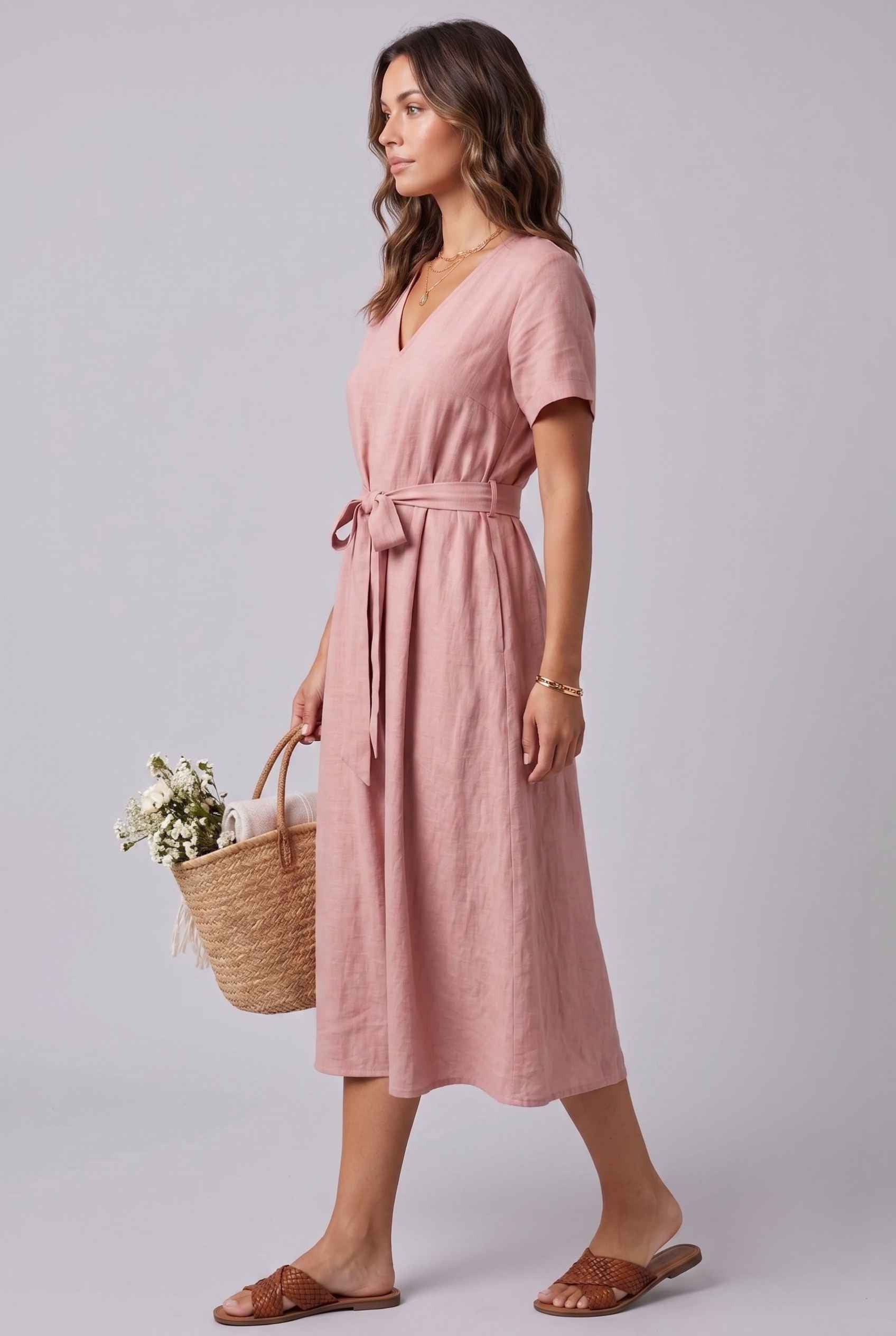 Virtual Model wearing The Ischia Cotton Midi V-Neck Belted Pink Midi Dress