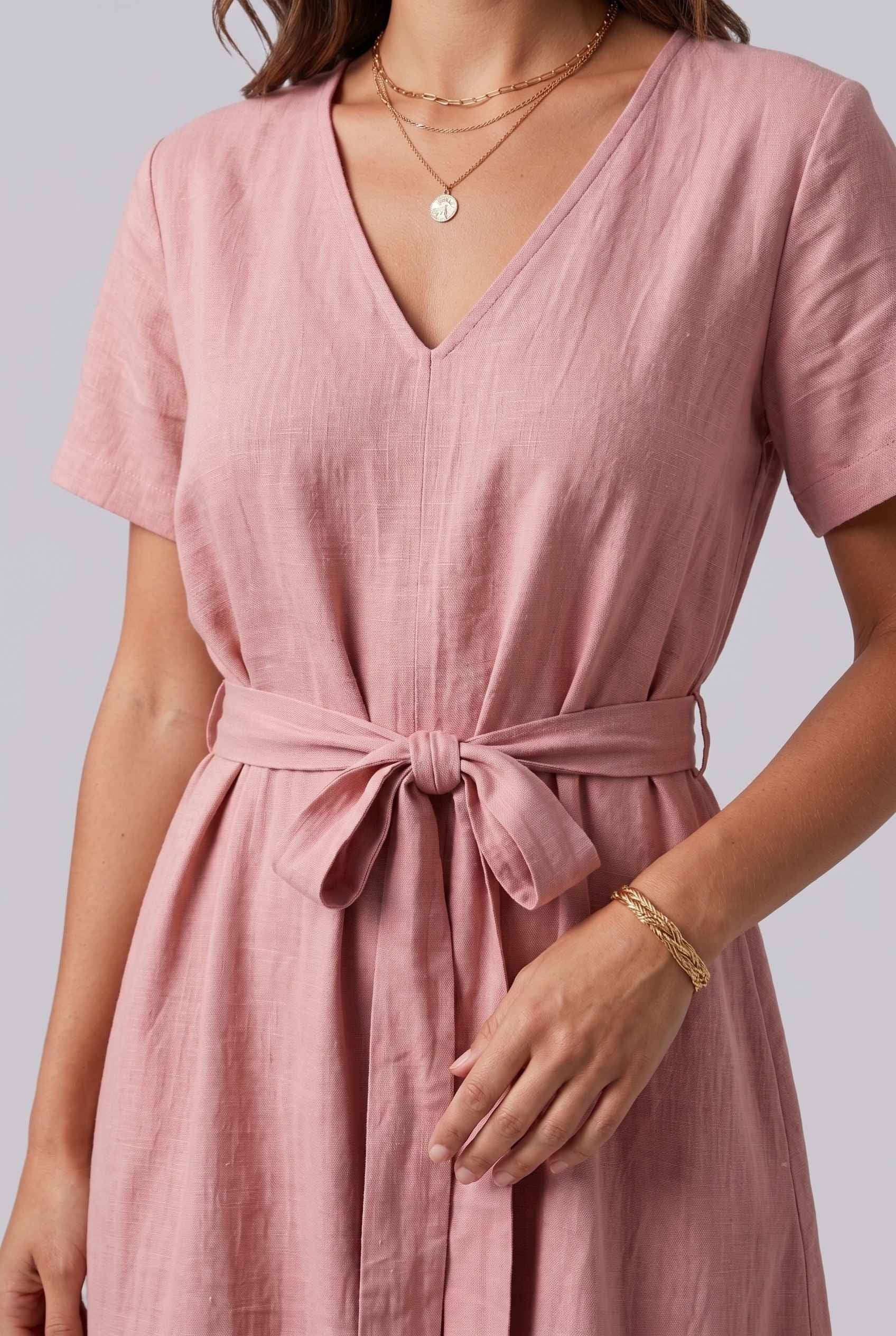 Virtual Model wearing The Ischia Cotton Midi V-Neck Belted Pink Midi Dress