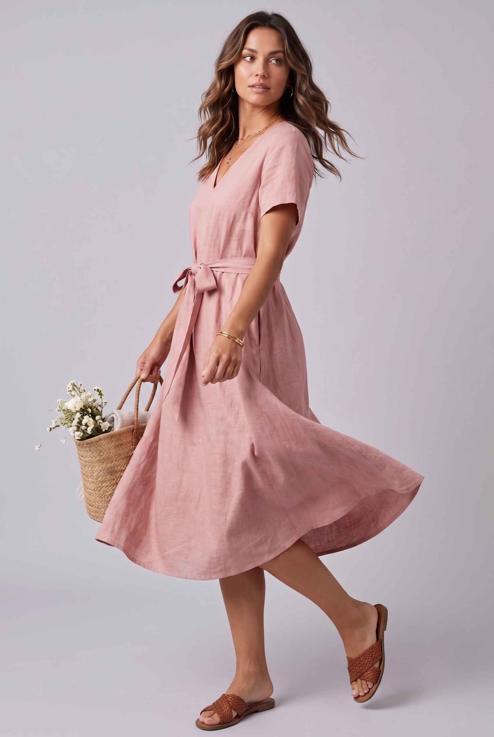 Virtual Model wearing The Ischia Cotton Midi V-Neck Belted Pink Midi Dress