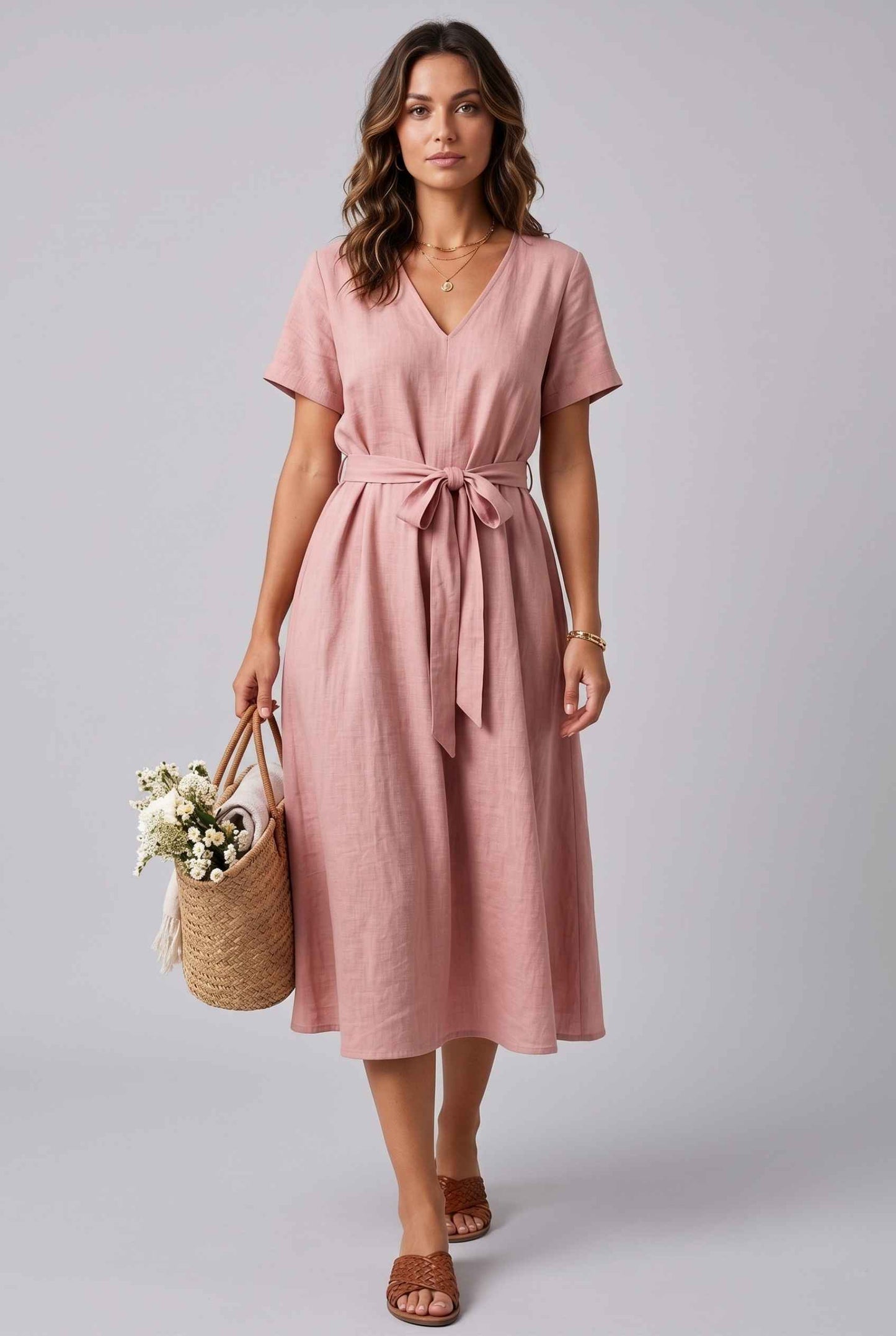 Virtual Model wearing The Ischia Cotton Midi V-Neck Belted Pink Midi Dress
