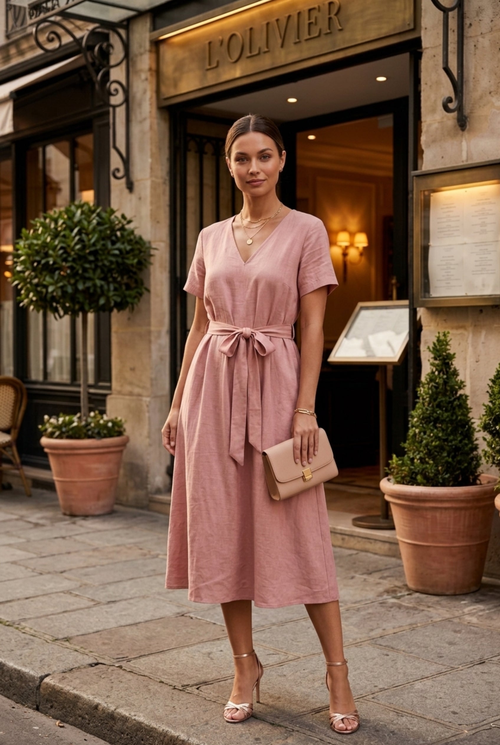Virtual Model wearing The Ischia Cotton Midi V-Neck Belted Pink Midi Dress