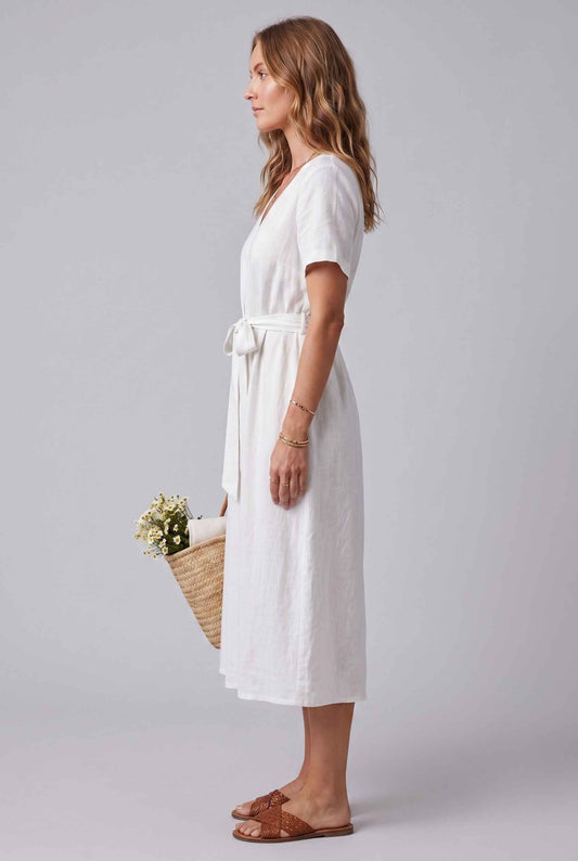 Virtual Model wearing The Ischia Cotton Midi V-Neck Belted White Midi Dress