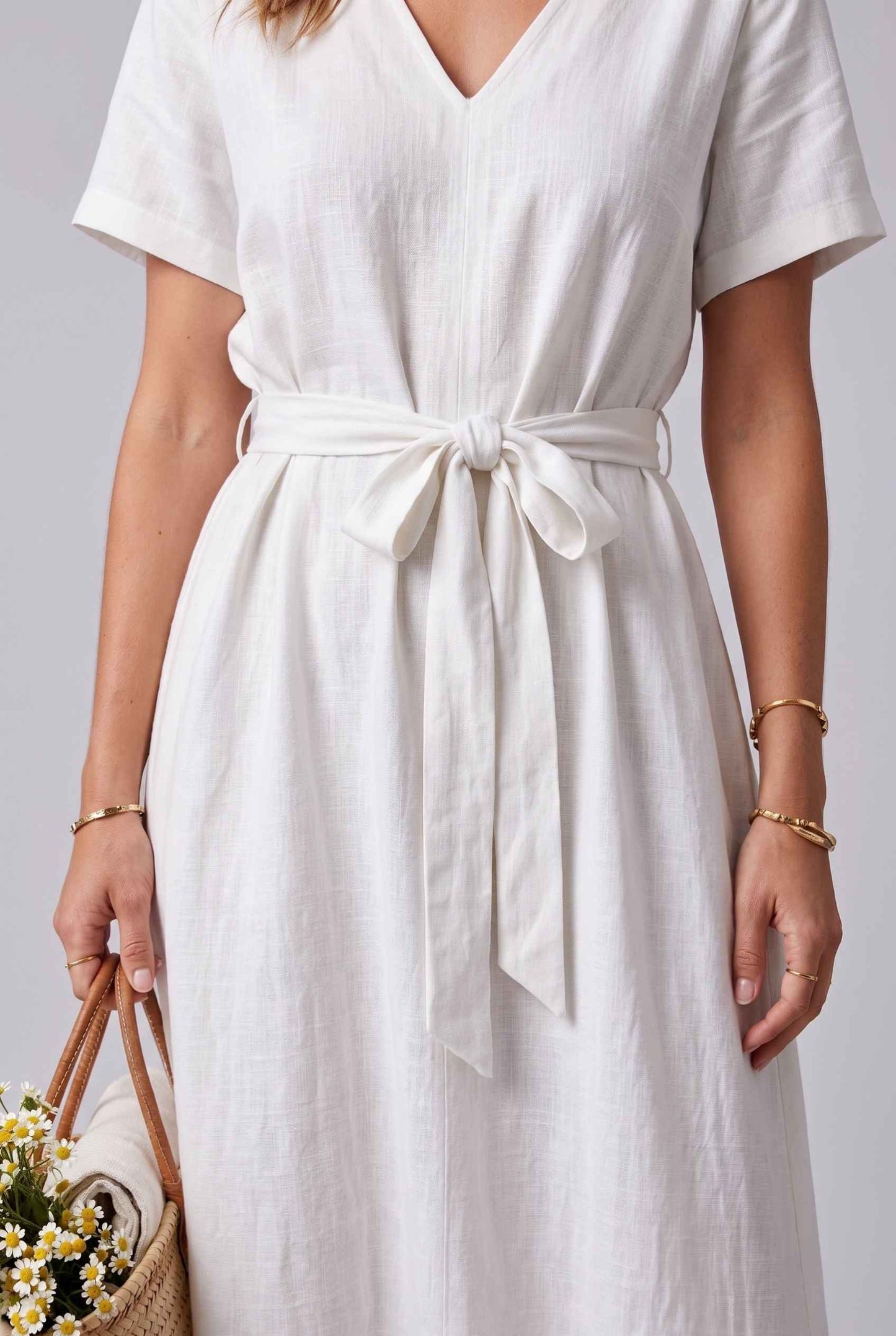 Virtual Model wearing The Ischia Cotton Midi V-Neck Belted White Midi Dress