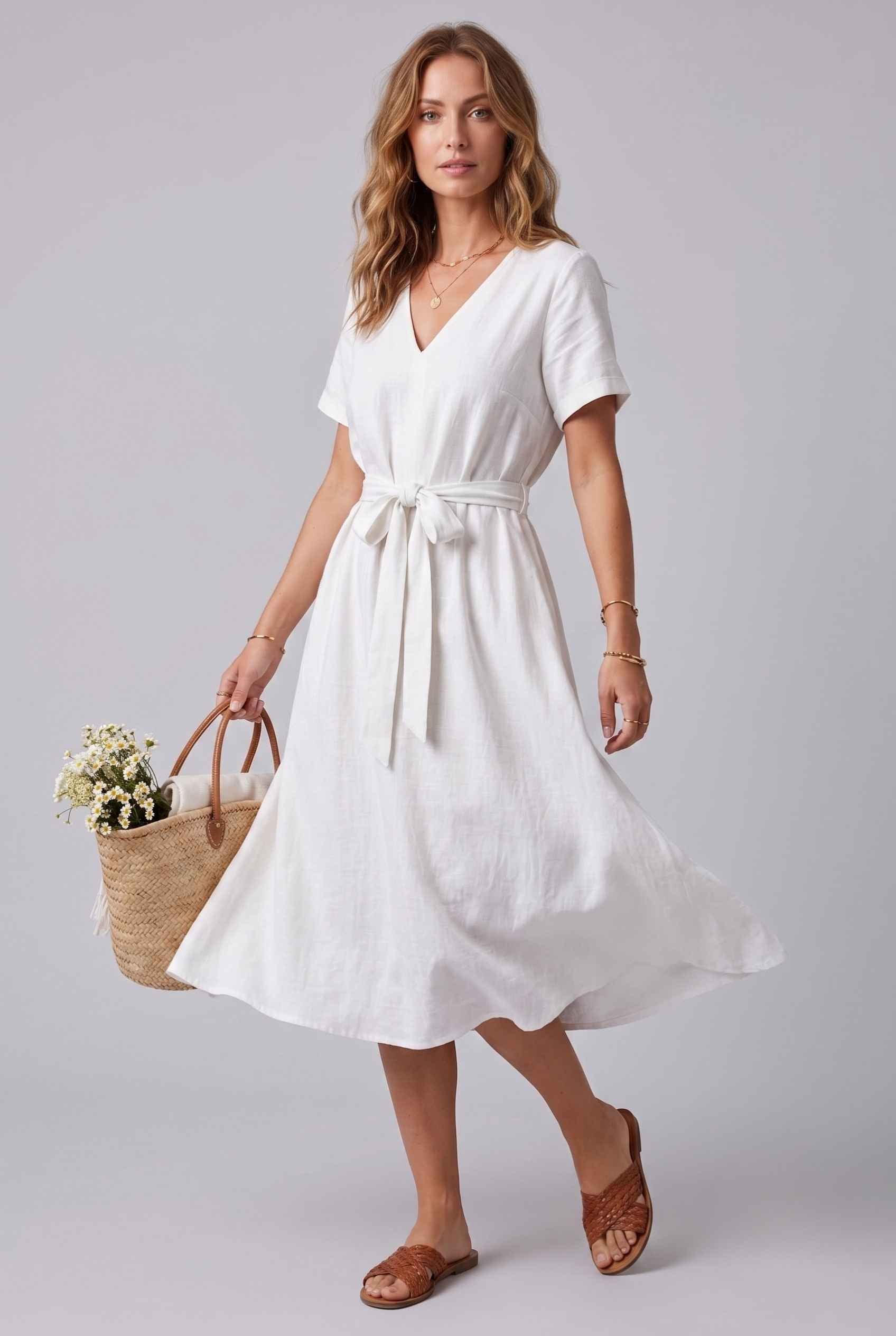 Virtual Model wearing The Ischia Cotton Midi V-Neck Belted White Midi Dress