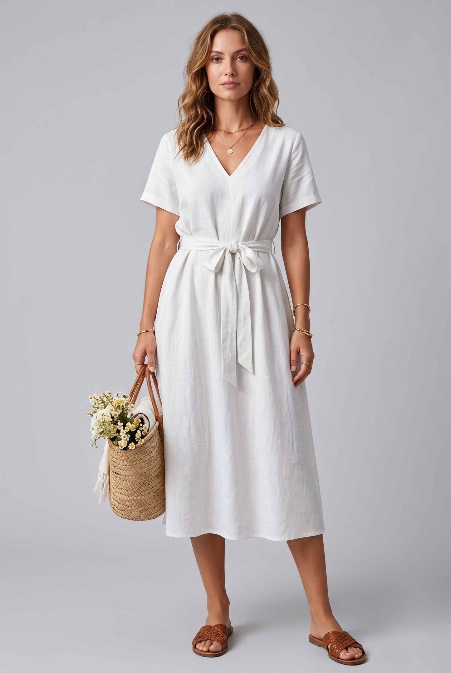 Virtual Model wearing The Ischia Cotton Midi V-Neck Belted White Midi Dress
