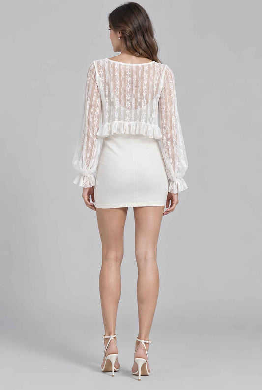 Virtual model wearing The Isla Ruffled Sheer Lace Cardigan White Sheer Tie-Front Cardigan