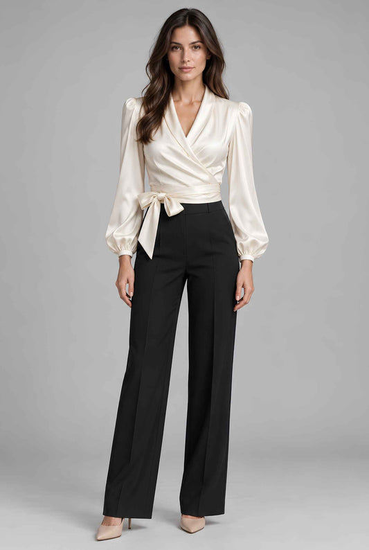 Virtual model wearing The Ivy Satin Wrap-Tie Blouse Satin Wrap Tie-Waist Blouse Off White