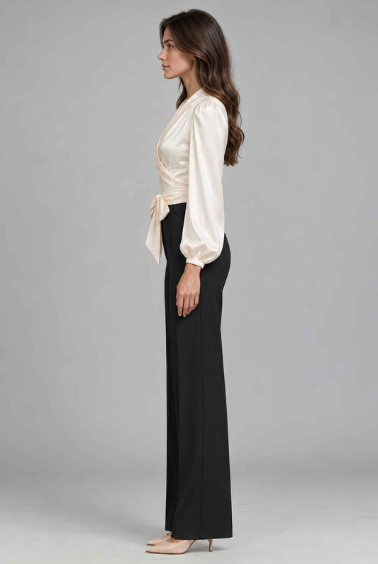 Virtual model wearing The Ivy Satin Wrap-Tie Blouse Satin Wrap Tie-Waist Blouse Off White