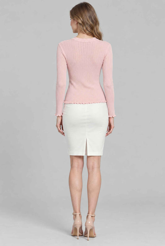 Virtual model wearing The Joli Pearl-Button Cardigan Lettuce-Edge Ruffle-Trim Cardigan in Pink
