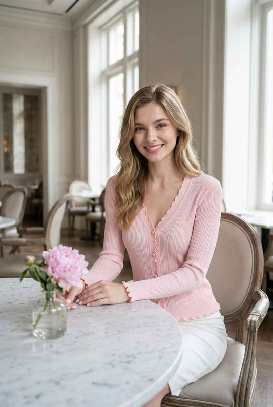 Virtual model wearing The Joli Pearl-Button Cardigan Lettuce-Edge Ruffle-Trim Cardigan in Pink