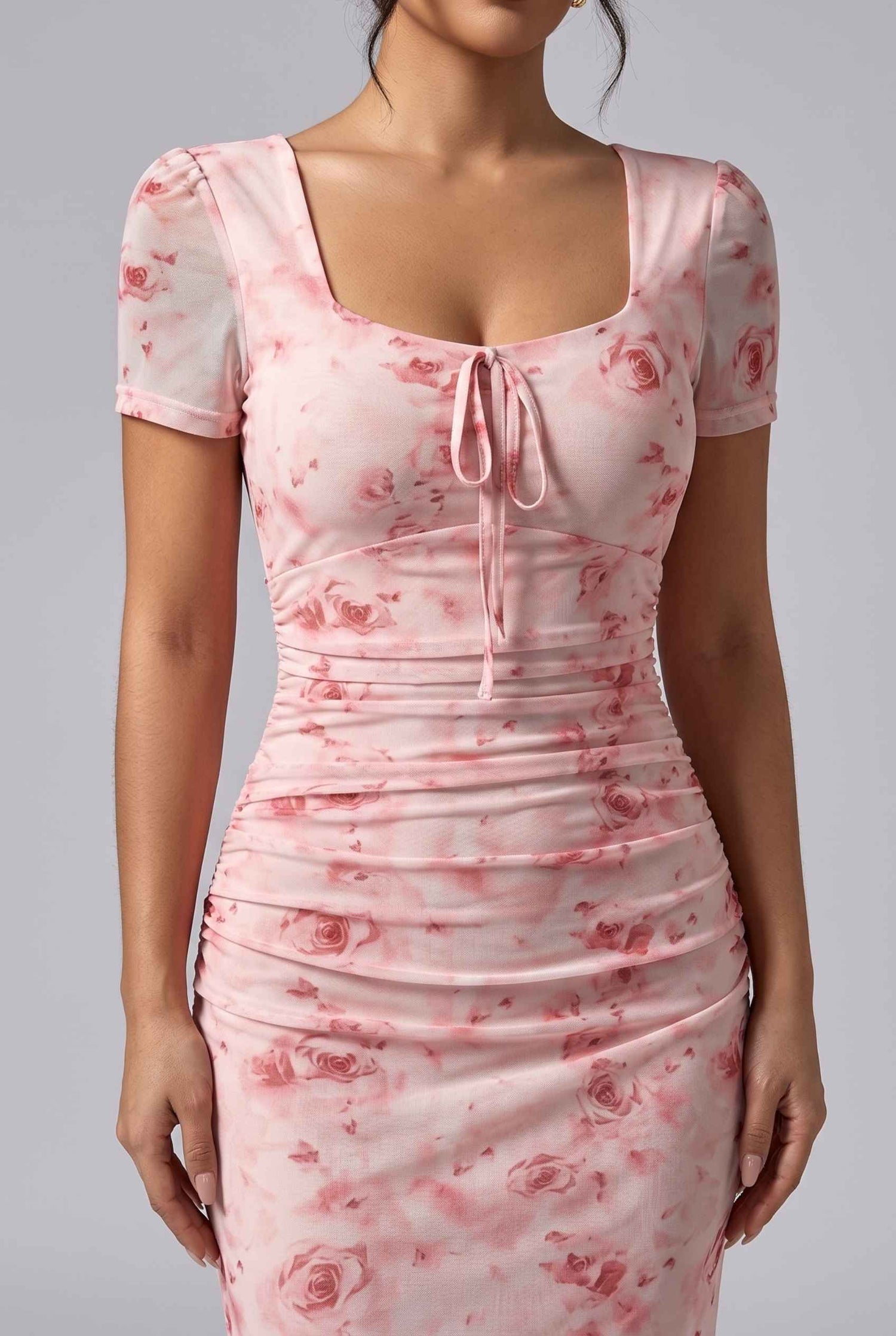 Virtual Model wearing The Juliette Chiffon Dress Ruched Floral Pink Chiffon Dress