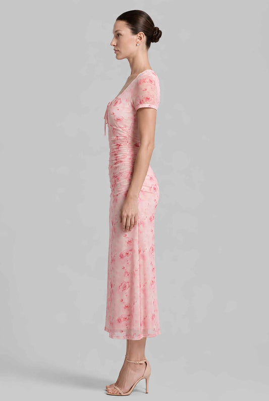 Virtual model wearing The Juliette Chiffon Dress Ruched Pink Floral Chiffon Dress