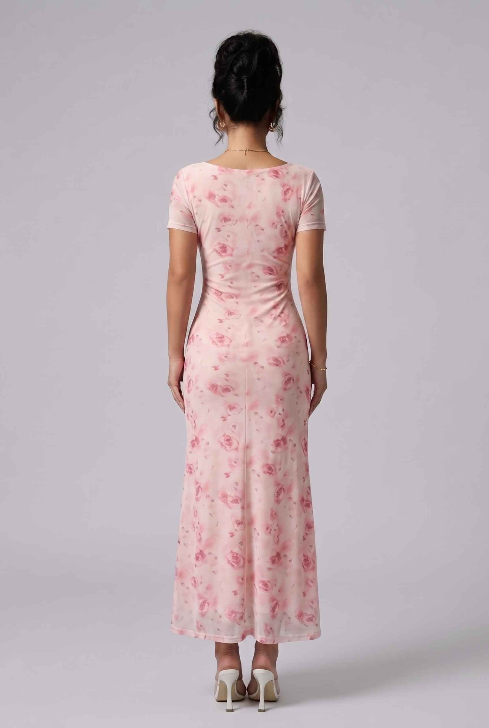 Virtual Model wearing The Juliette Chiffon Dress Ruched Floral Pink Chiffon Dress