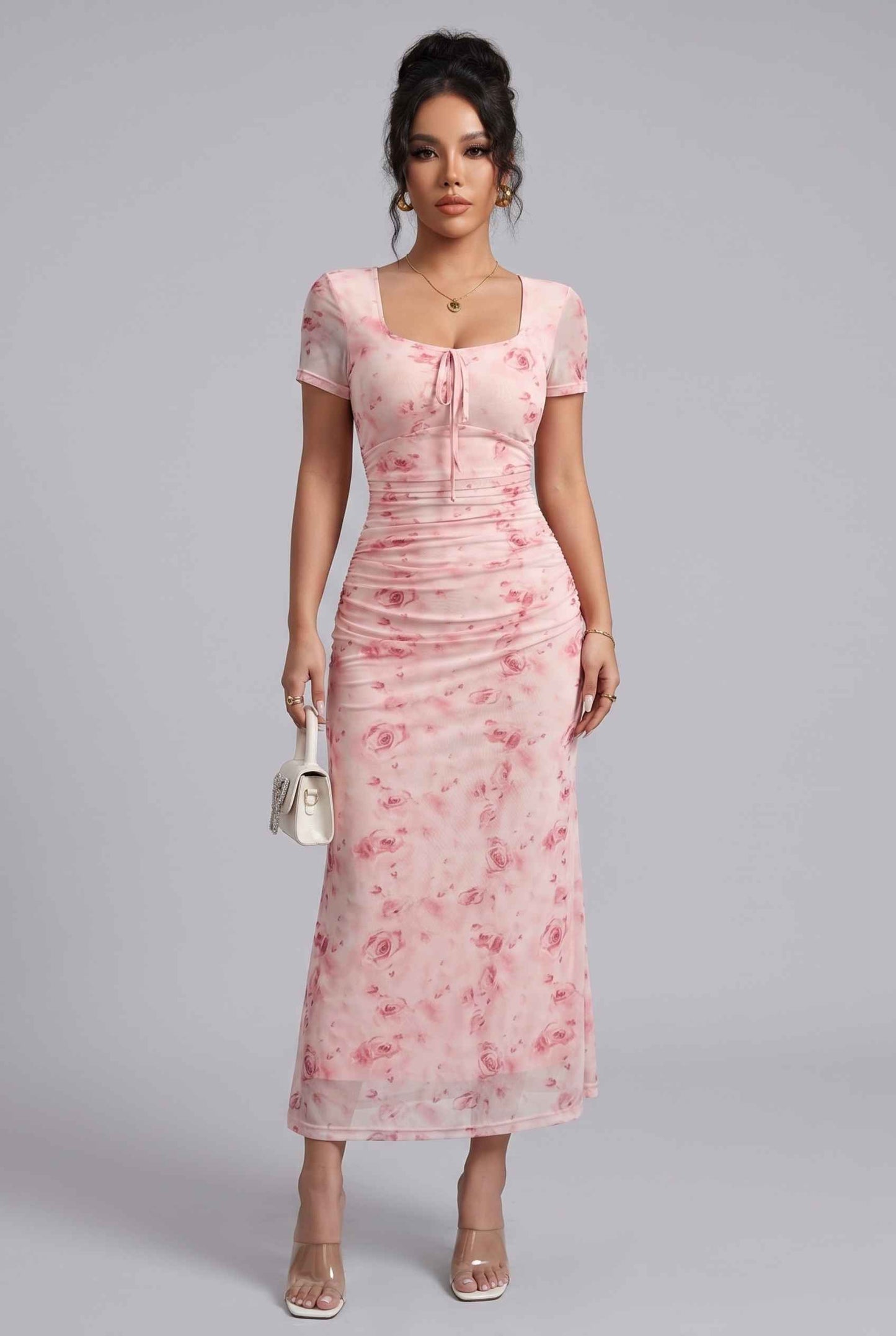 Virtual Model wearing The Juliette Chiffon Dress Ruched Floral Pink Chiffon Dress