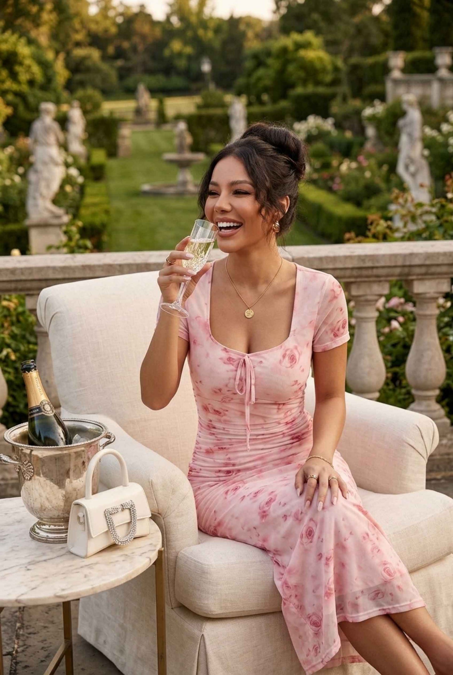 Virtual Model wearing The Juliette Chiffon Dress Ruched Floral Pink Chiffon Dress